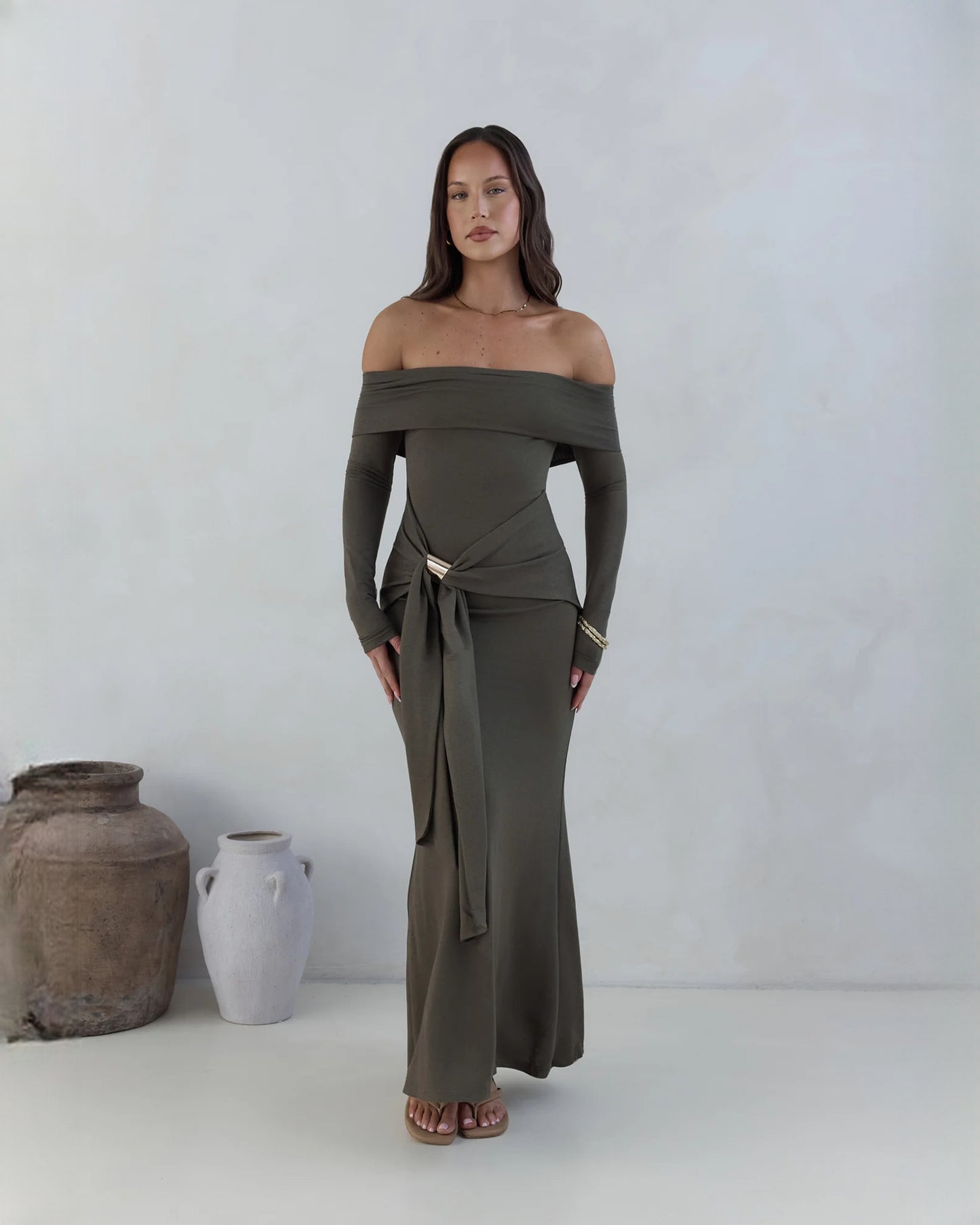 Off-Shoulder Structured Satin A-Line Maxi Bridesmaid Dress for Bridal Party