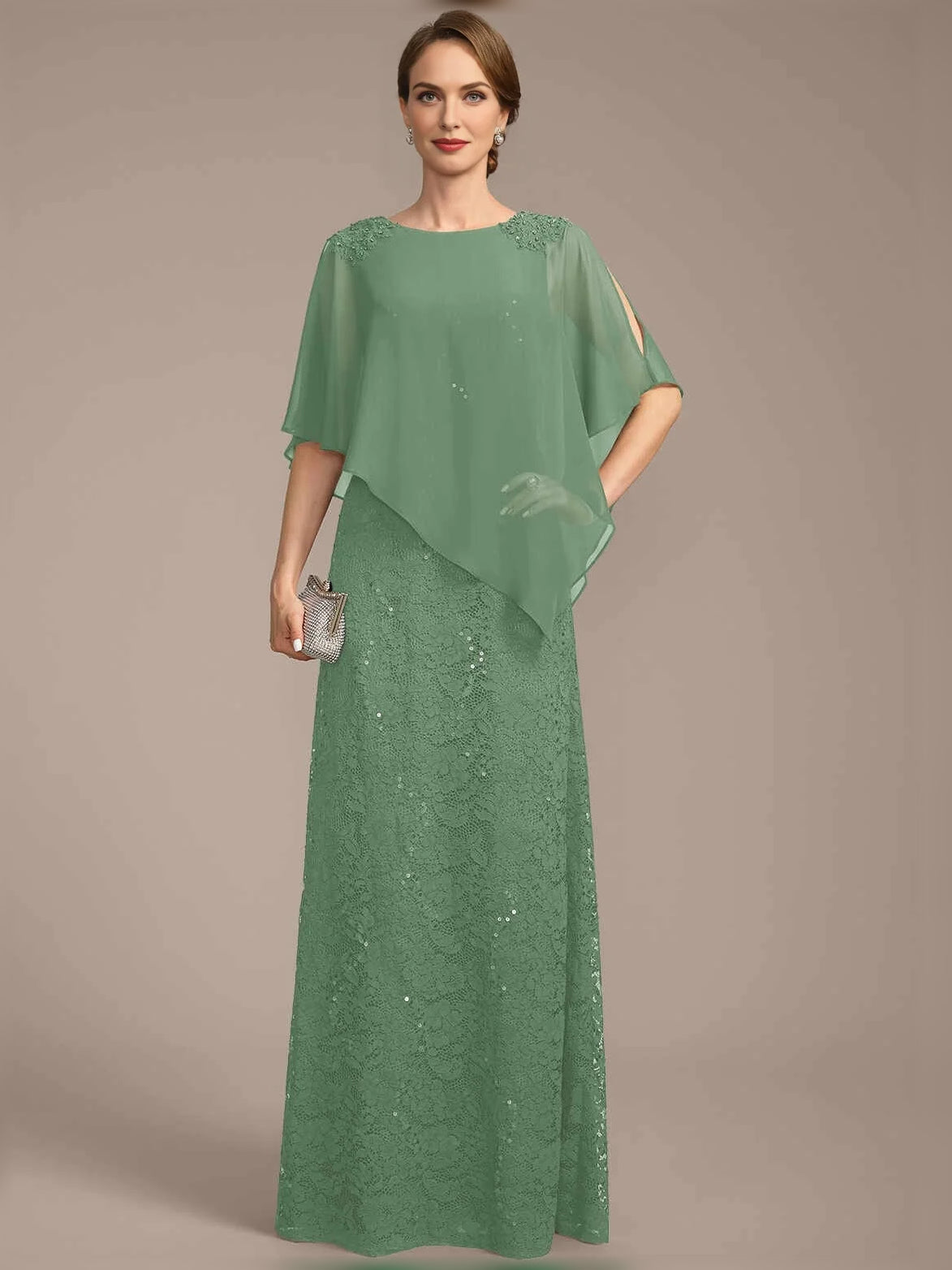 Sequin Bateau Neck Sheath Floor-Length Chiffon Mother of the Bride Dress for Formal Dinner