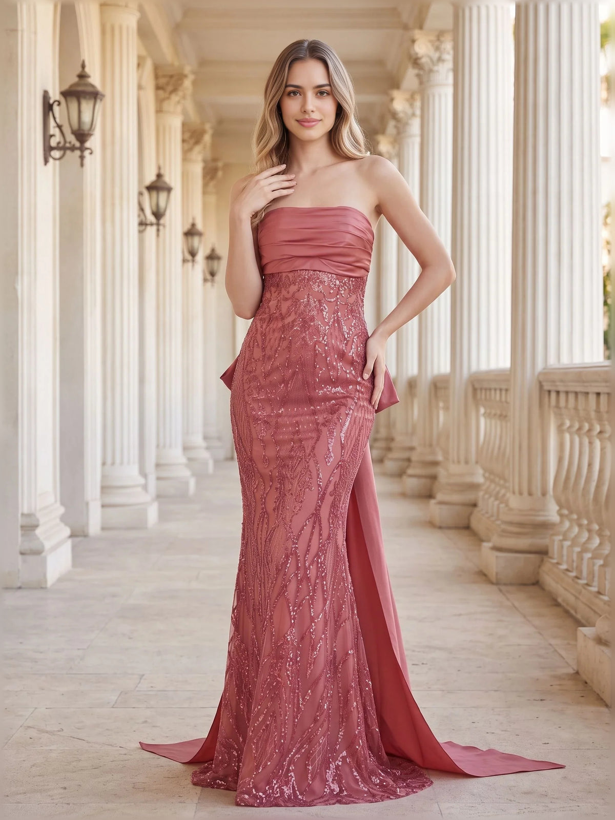 Strapless Ruching Open Back Floor-Length Formal Dress