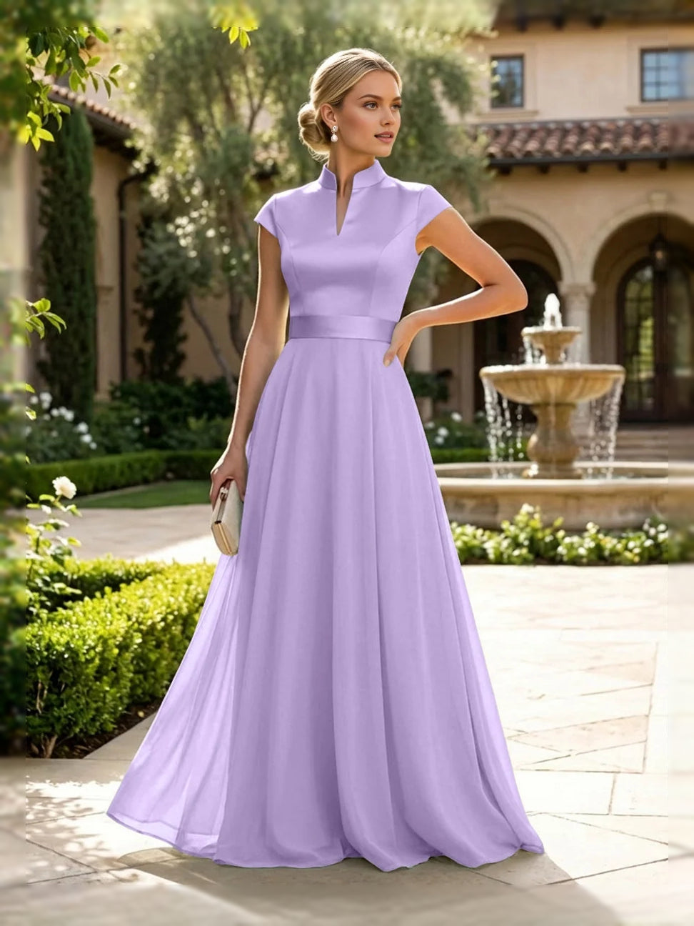 Slit High Neck A-Line Floor-Length Satin Mother of the Bride Dress for Bridal Luncheon