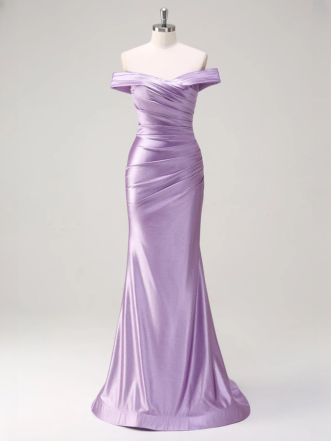 Lavender Ruched Off Shoulder Mermaid Floor-Length Satin Prom Dress for Red Carpet Event