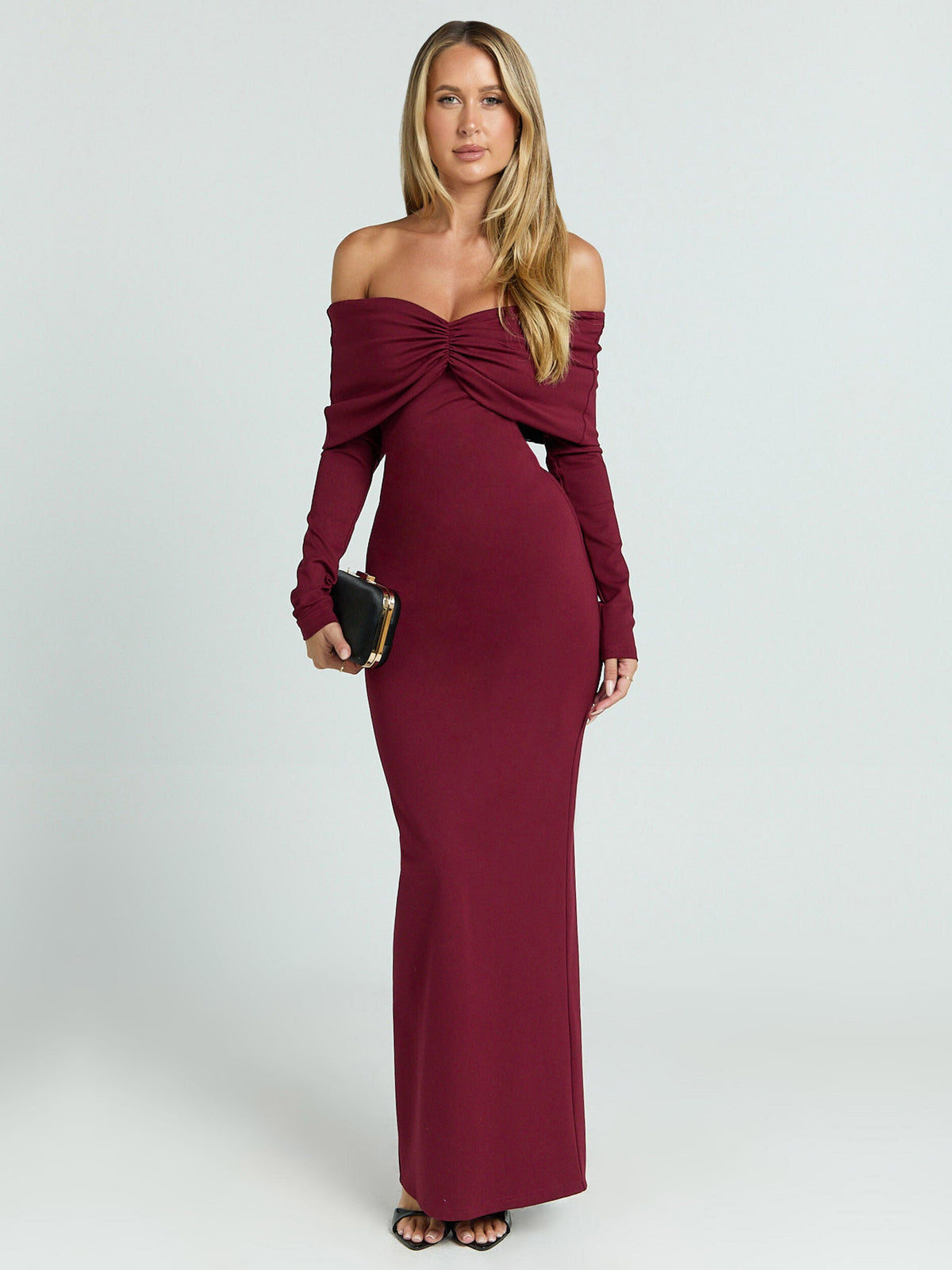 Wine Off-The-Shoulder Long Sleeves Ruching Maxi Formal Dress