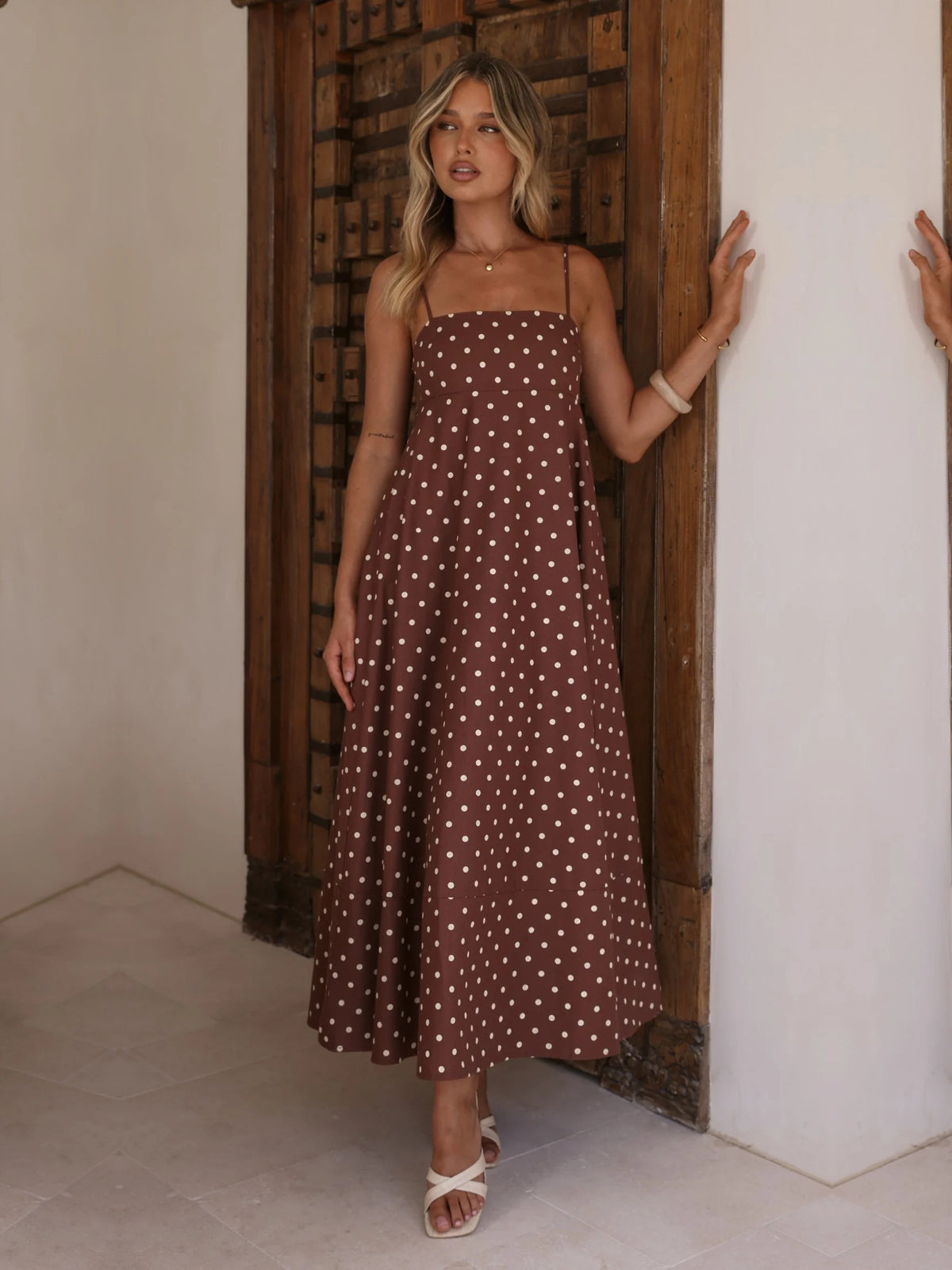 Chocolate Cream Polka Dot Strapless A-Line Maxi Formal Dress