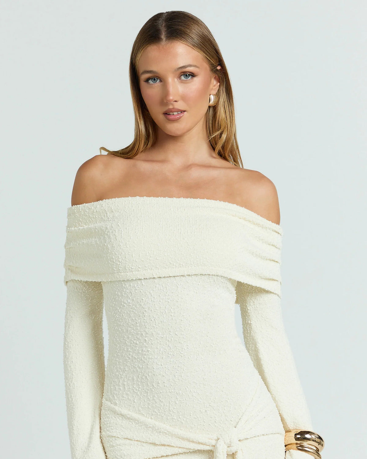 Knitted Off Shoulder Tie Waist Cream Mini Homecoming Dress