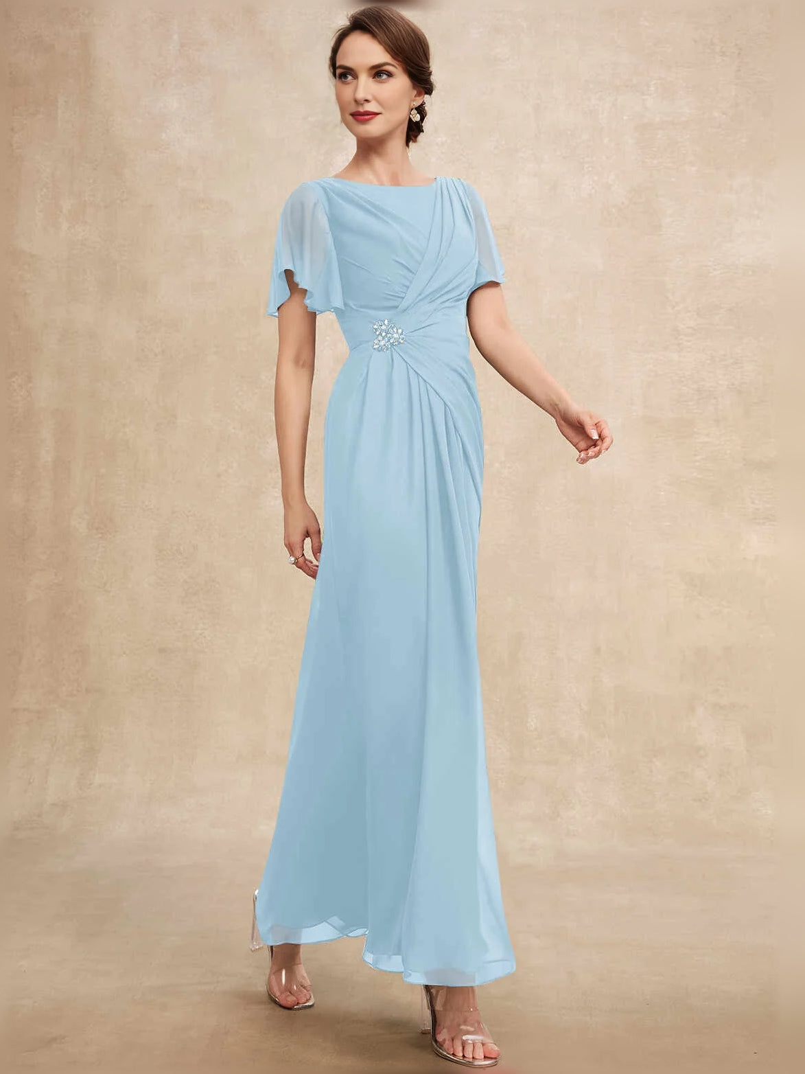 Ruched Draped Bateau Neck A-Line Maxi Chiffon Mother of the Bride Dress for Reception Dinner