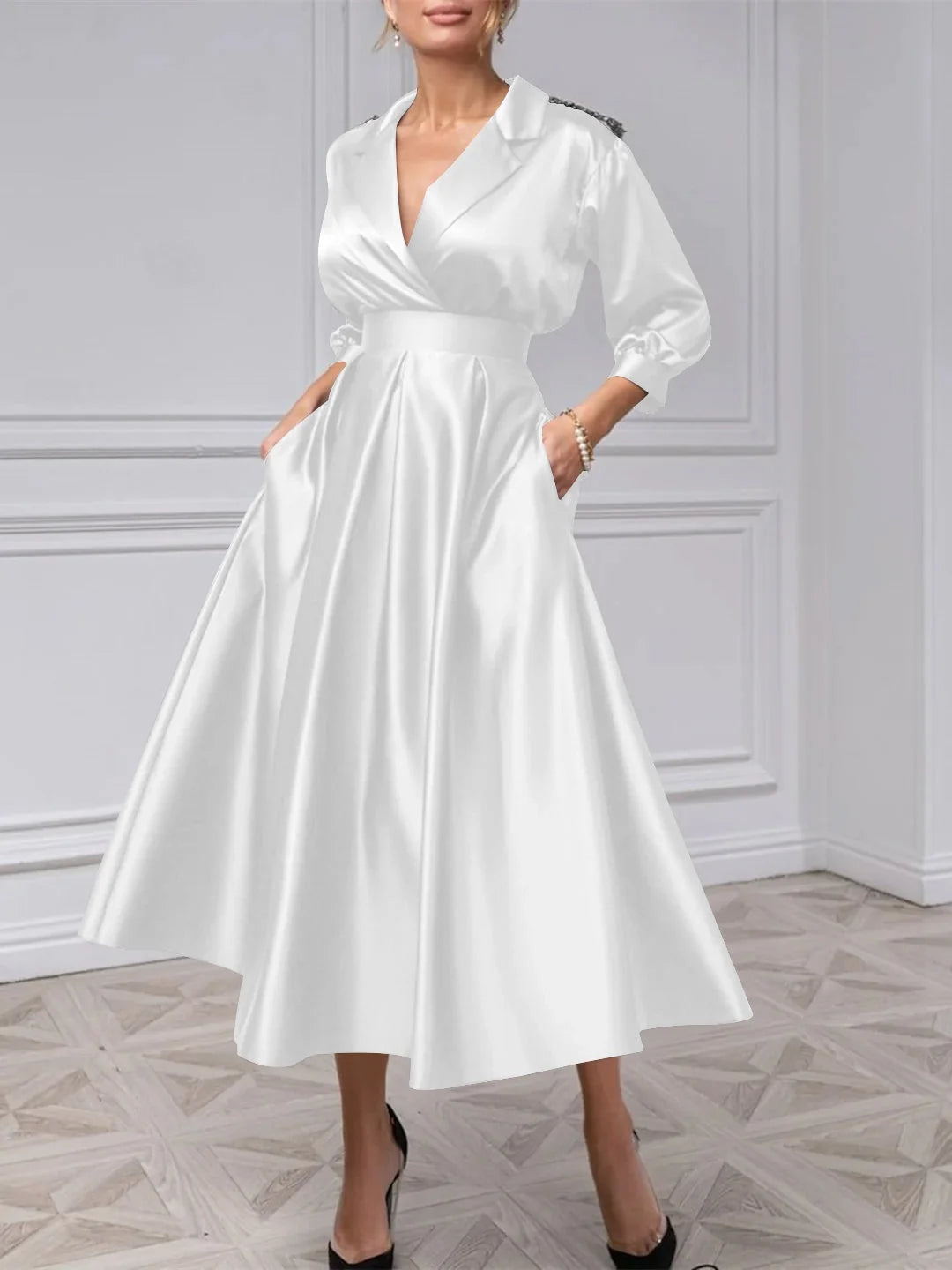 Pleated Draped V Neck A-Line Midi Satin Mother of the Bride Dress for Estate Wedding