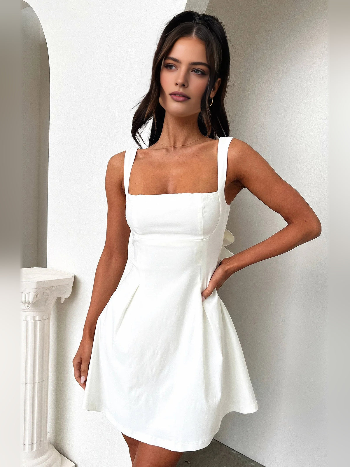 Ivory white Bow Backless Square Neck A-Line Mini Homecoming Dress for Special Event