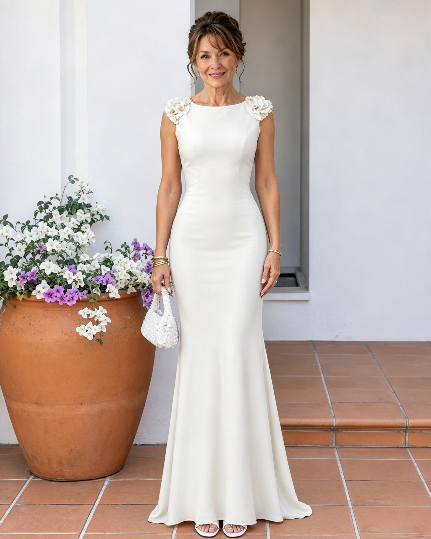Floral Shoulder Mermaid Mother of the Bride Dress with Cowl Back