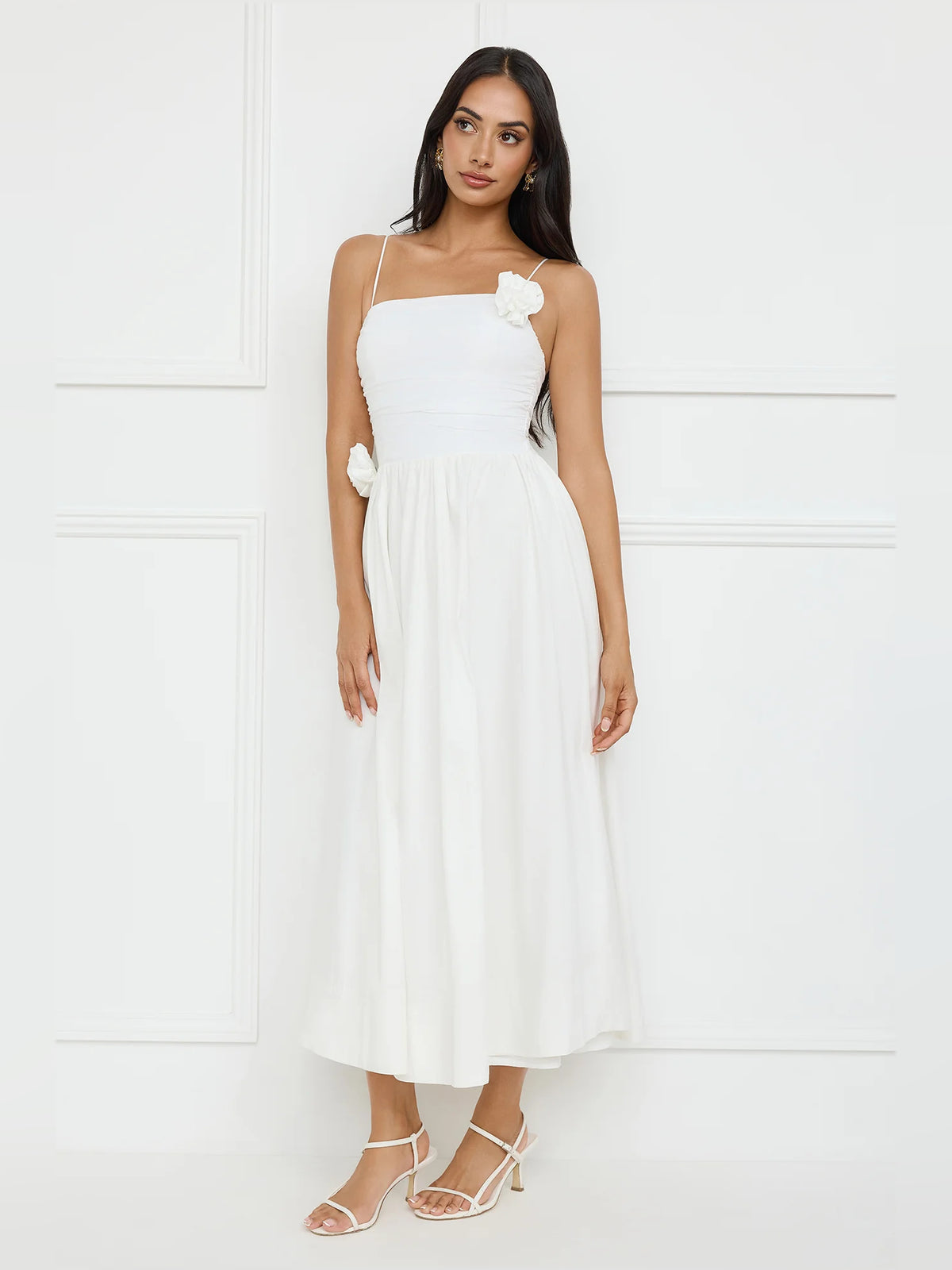 White Spaghetti Strap Floral Appliqué A-Line Maxi Formal Dress