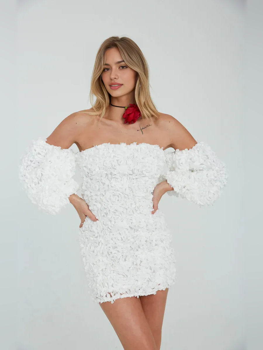 Flower-Applique Floral Off Shoulder Bodycon Mini Homecoming Dress for Concert Evening