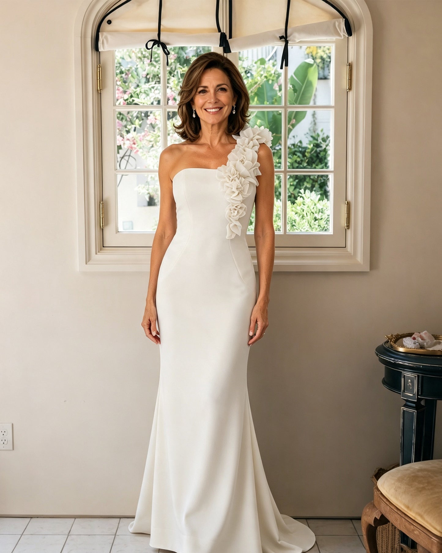 One-Shoulder Floral Applique Mermaid Mother of the Bride Dress