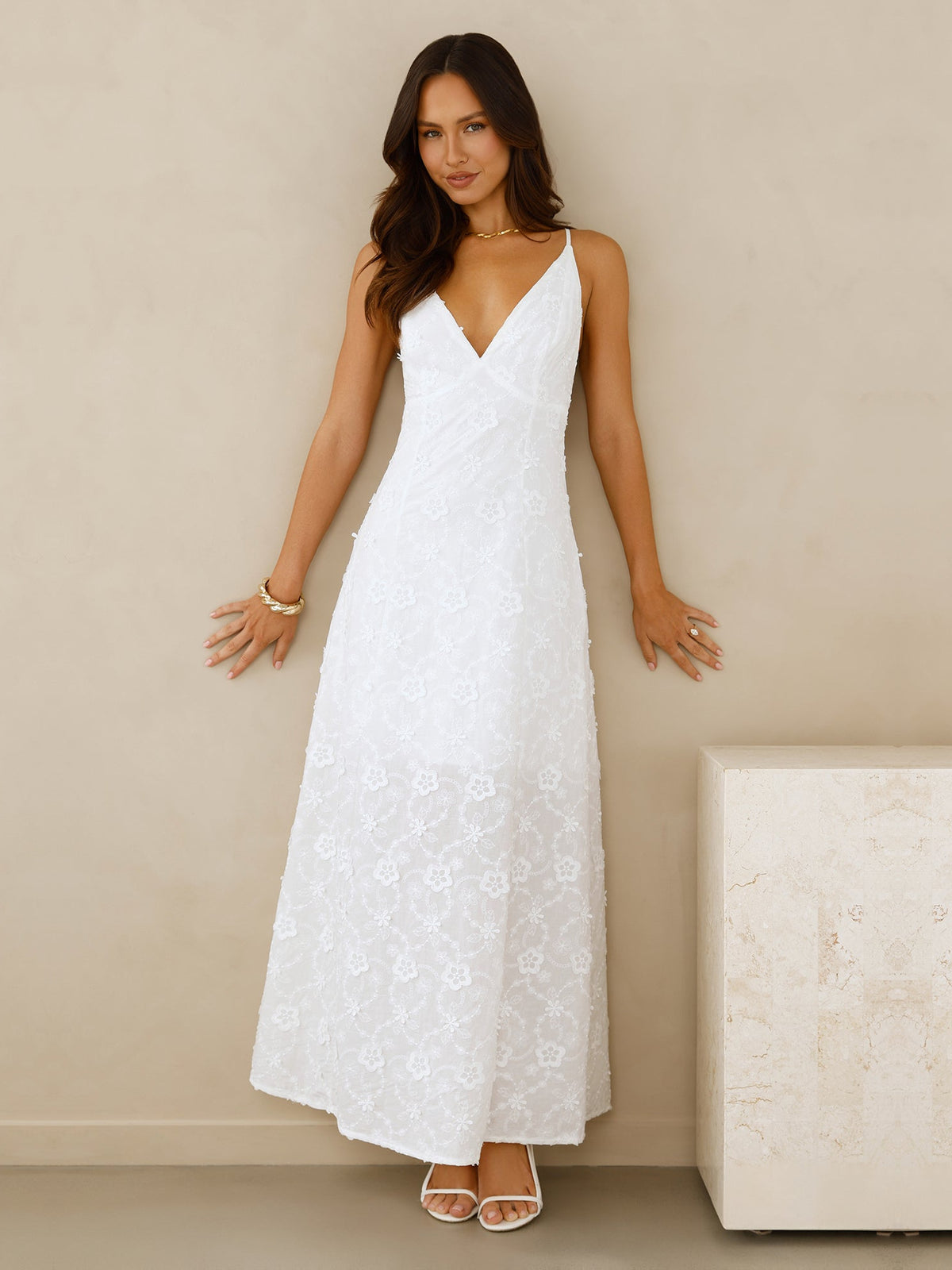 White V Neck Cutout A-Line Maxi Formal Dress