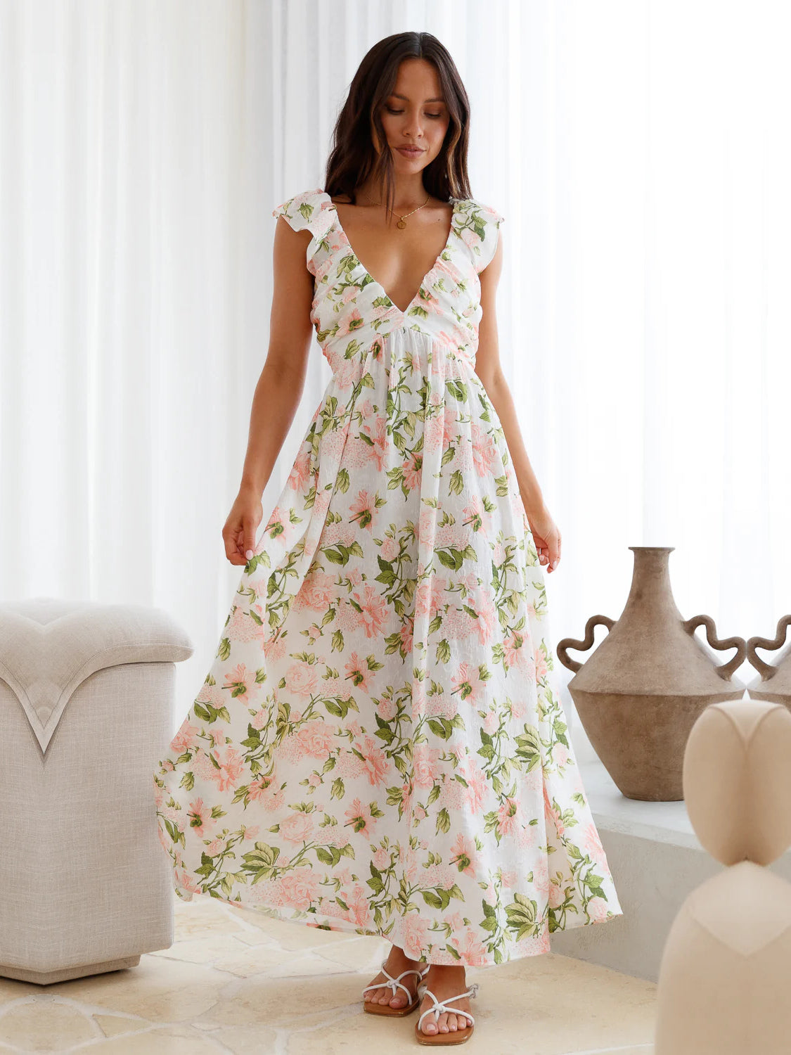 White Floral Print V Neck A-Line Maxi Formal Dress