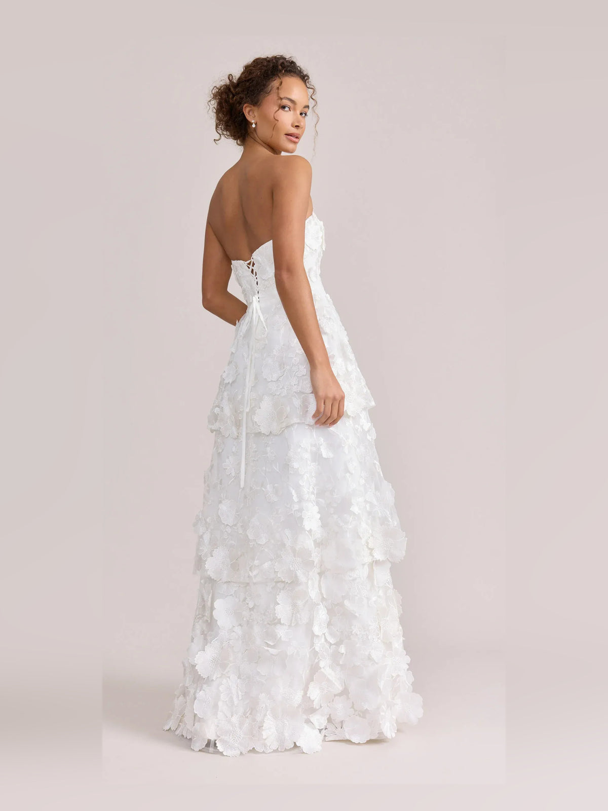 Tiered Flower-Applique Floral Strapless A-Line Floor-Length Prom Dress for Evening Ceremony