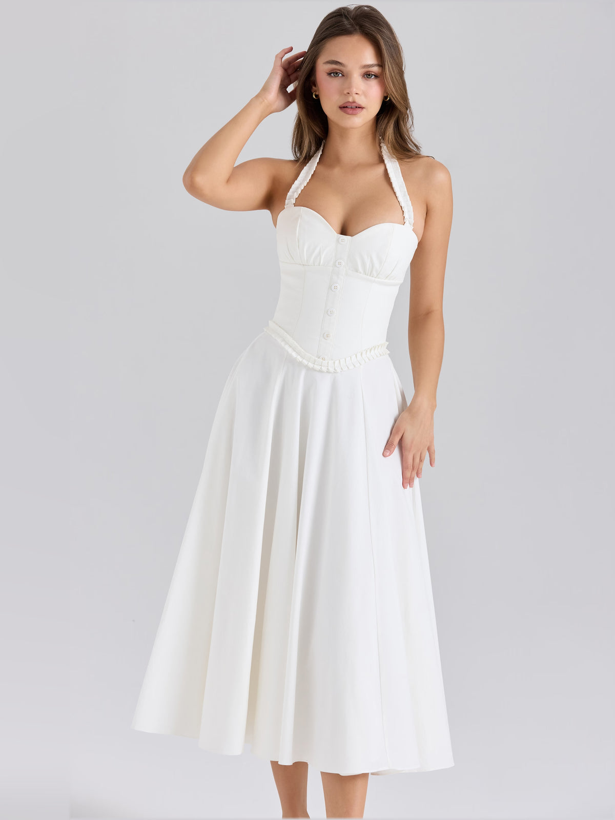 Stretch Cotton Halter Neck Midi Formal Dress