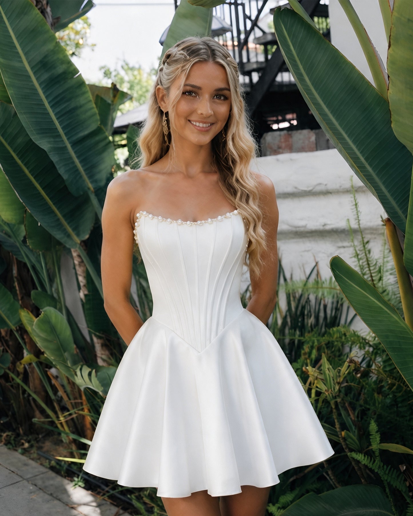 Strapless Pearl Trim Satin Corset Homecoming Dress