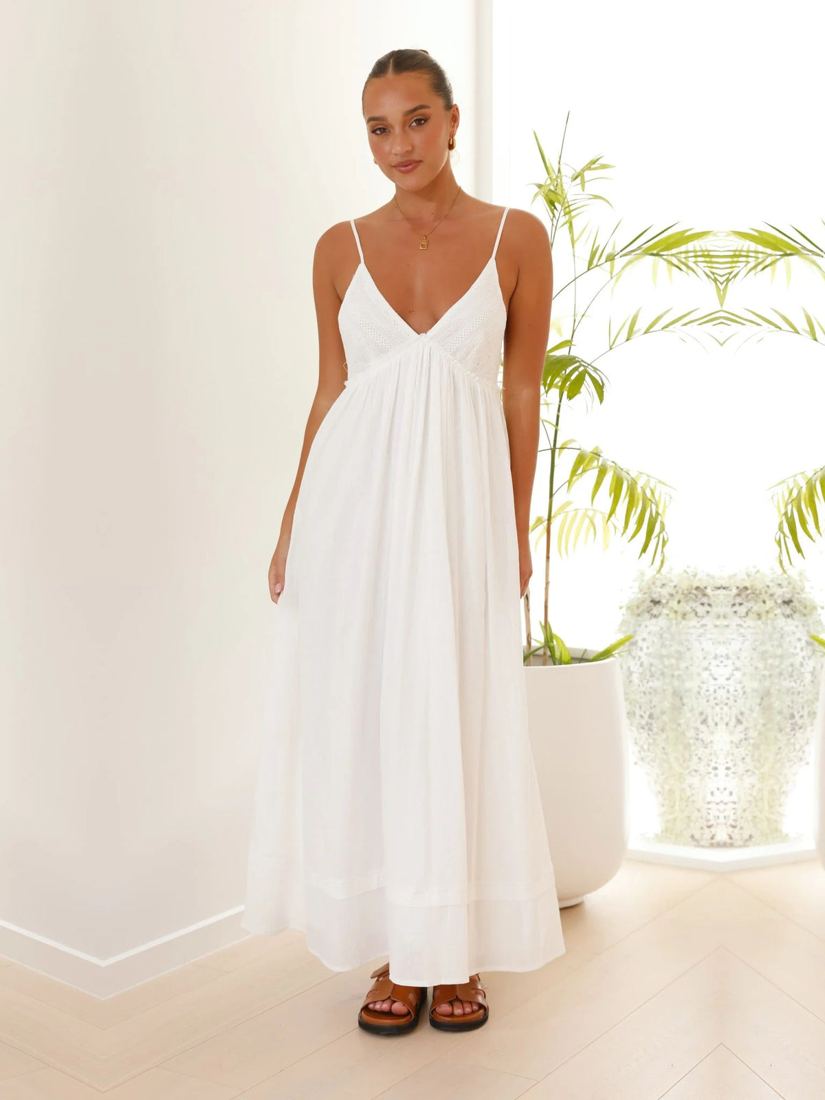 White V Neck A-Line Maxi Formal Dress