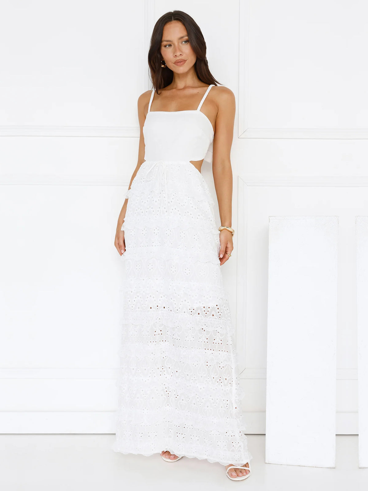 White Square Neck Spaghetti Strap Tiered Maxi Formal Dress