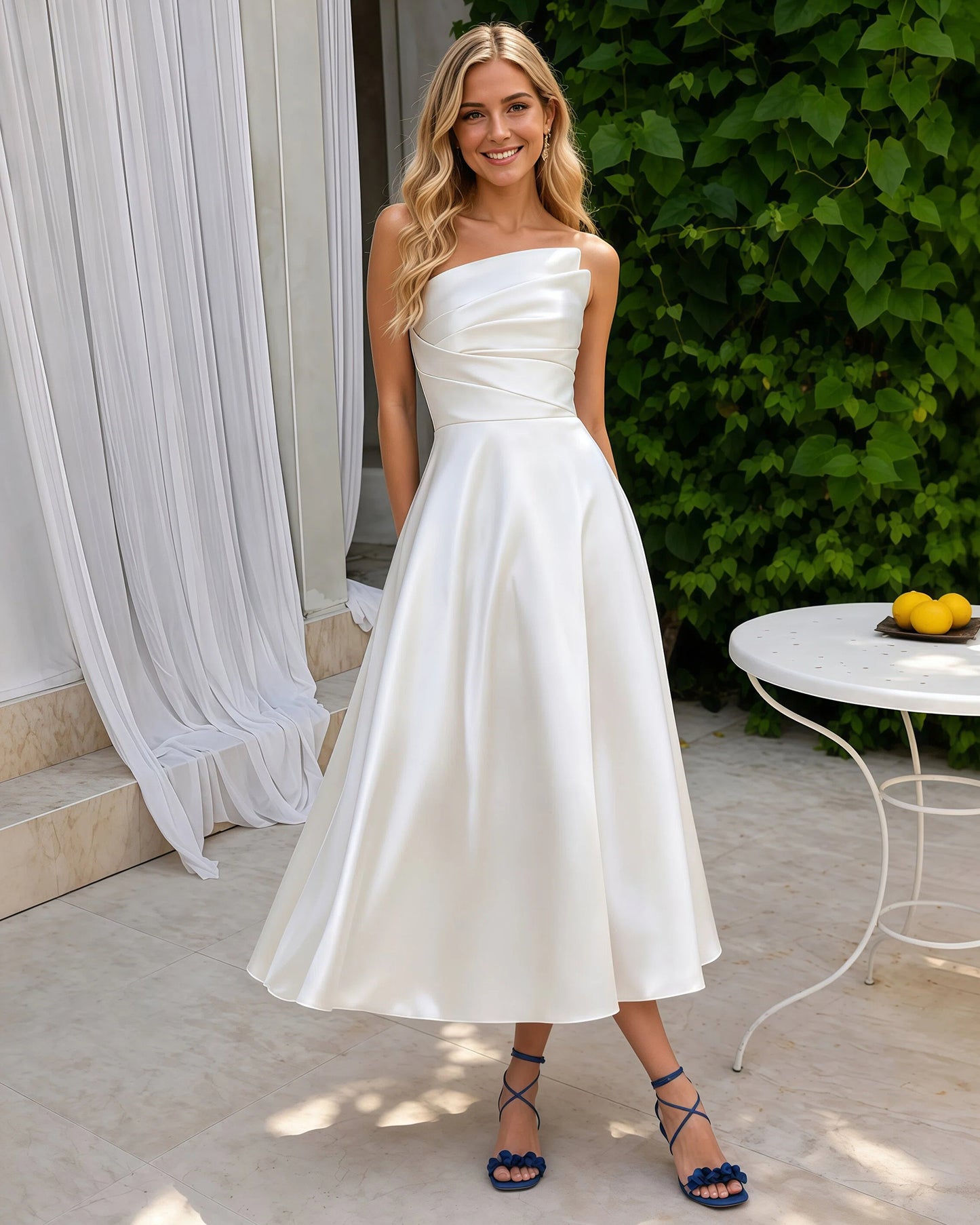 Strapless Satin Tea-Length A-Line Formal Dress