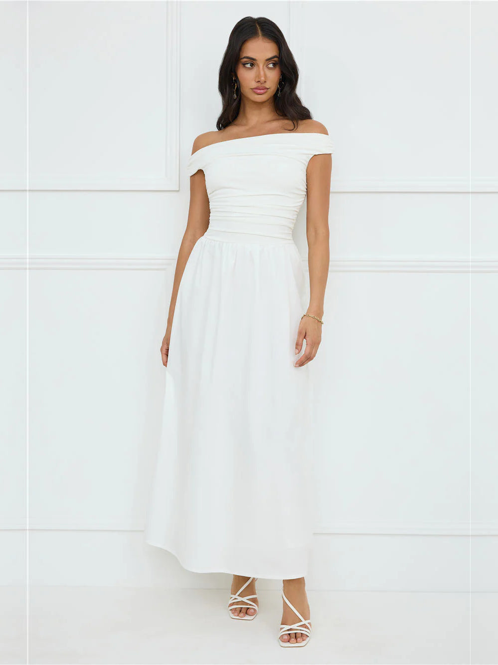 White Off-The-Shoulder A-Line Maxi Formal Dress