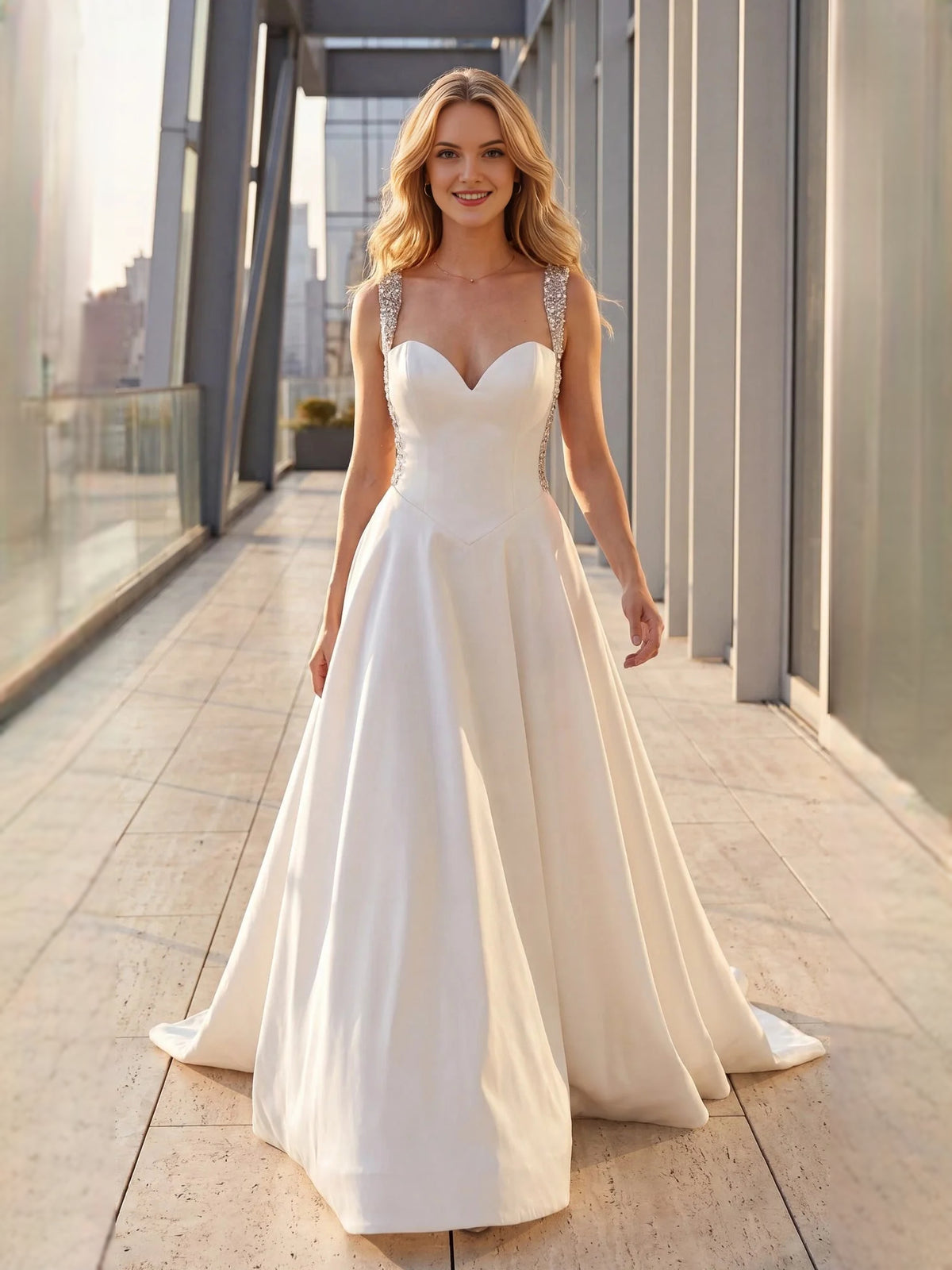 Beaded Crystal Sweetheart A-Line Floor-Length Satin Wedding Dress for Bridal Portraits