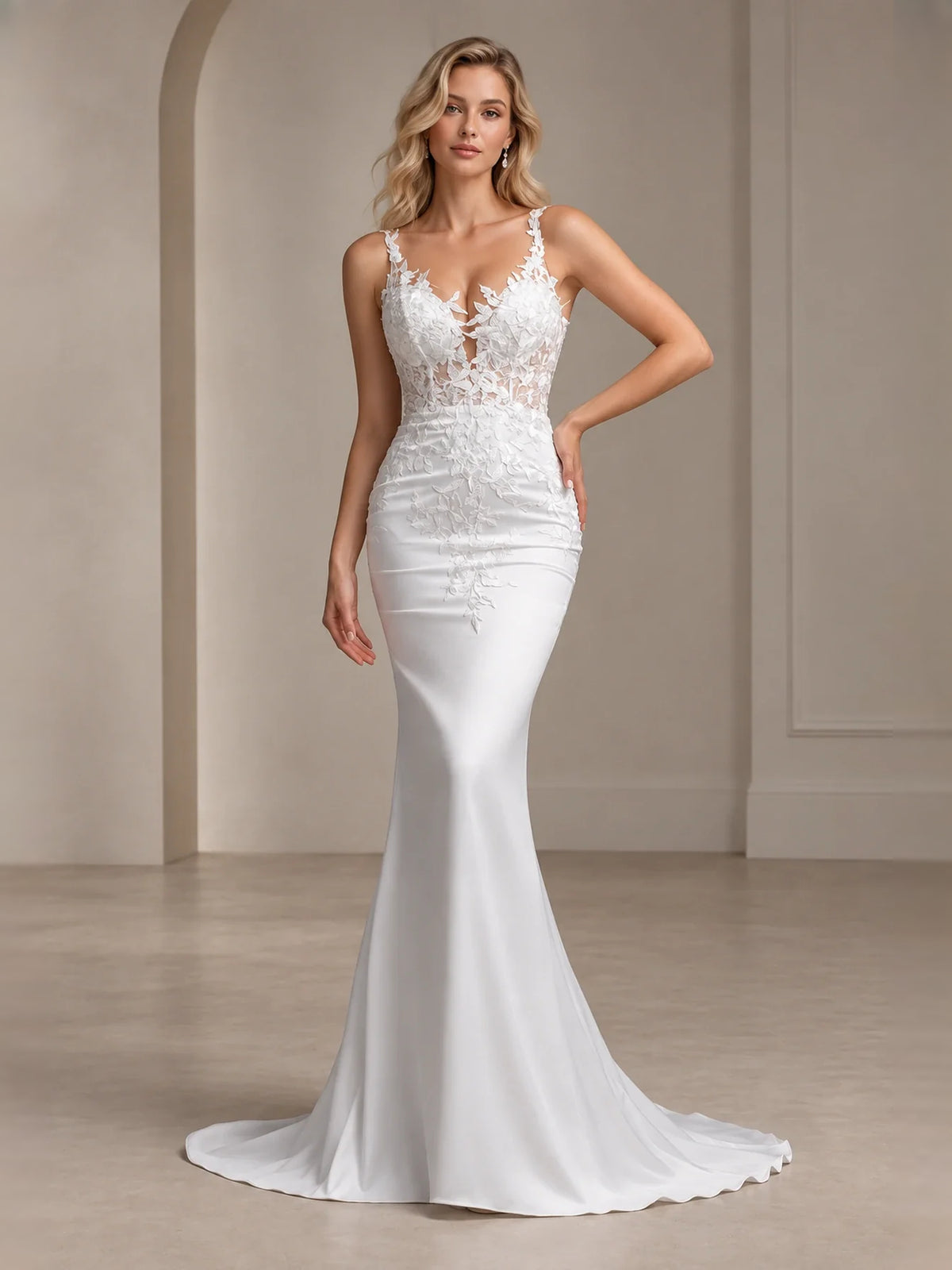 Floral V Neck Mermaid Floor-Length Wedding Dress for Seaside Wedding