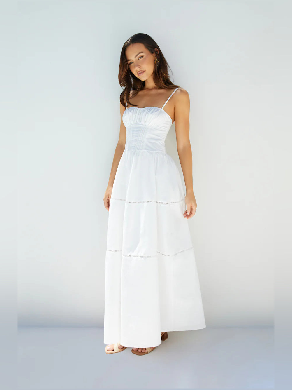 White Sweetheart Spaghetti Strap Tiered Maxi Formal Dress