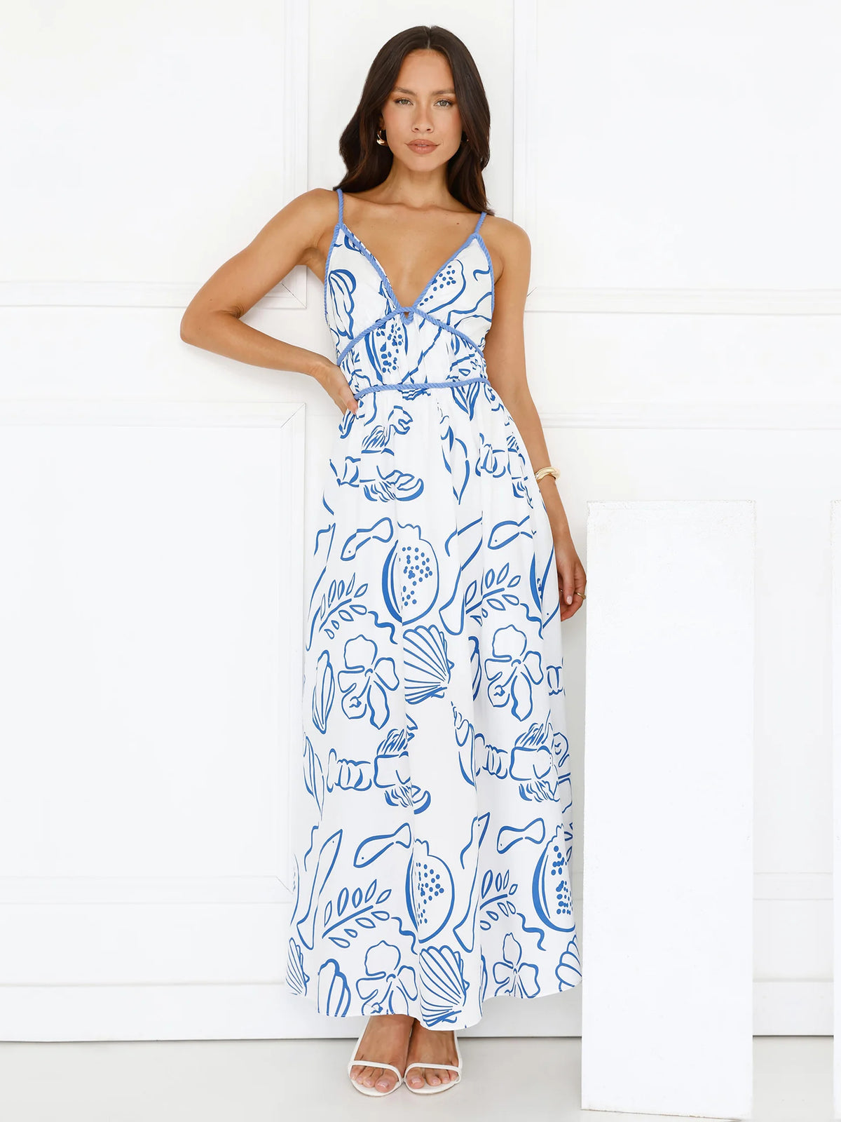 White V Neck Spaghetti Strap A-Line Maxi Formal Dress