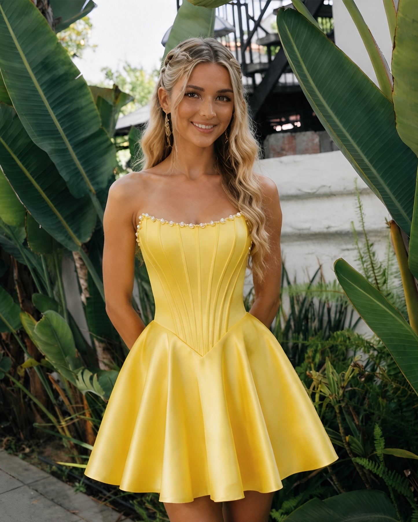 Strapless Pearl Trim Satin Corset Homecoming Dress