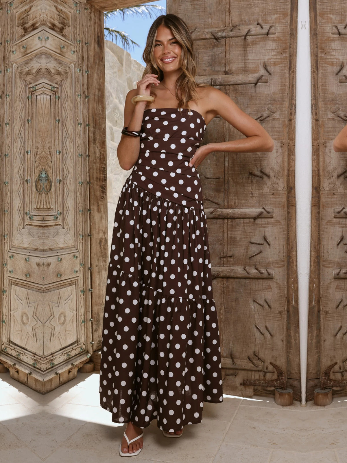 Brown White Polka Dot Strapless A-Line Maxi Formal Dress
