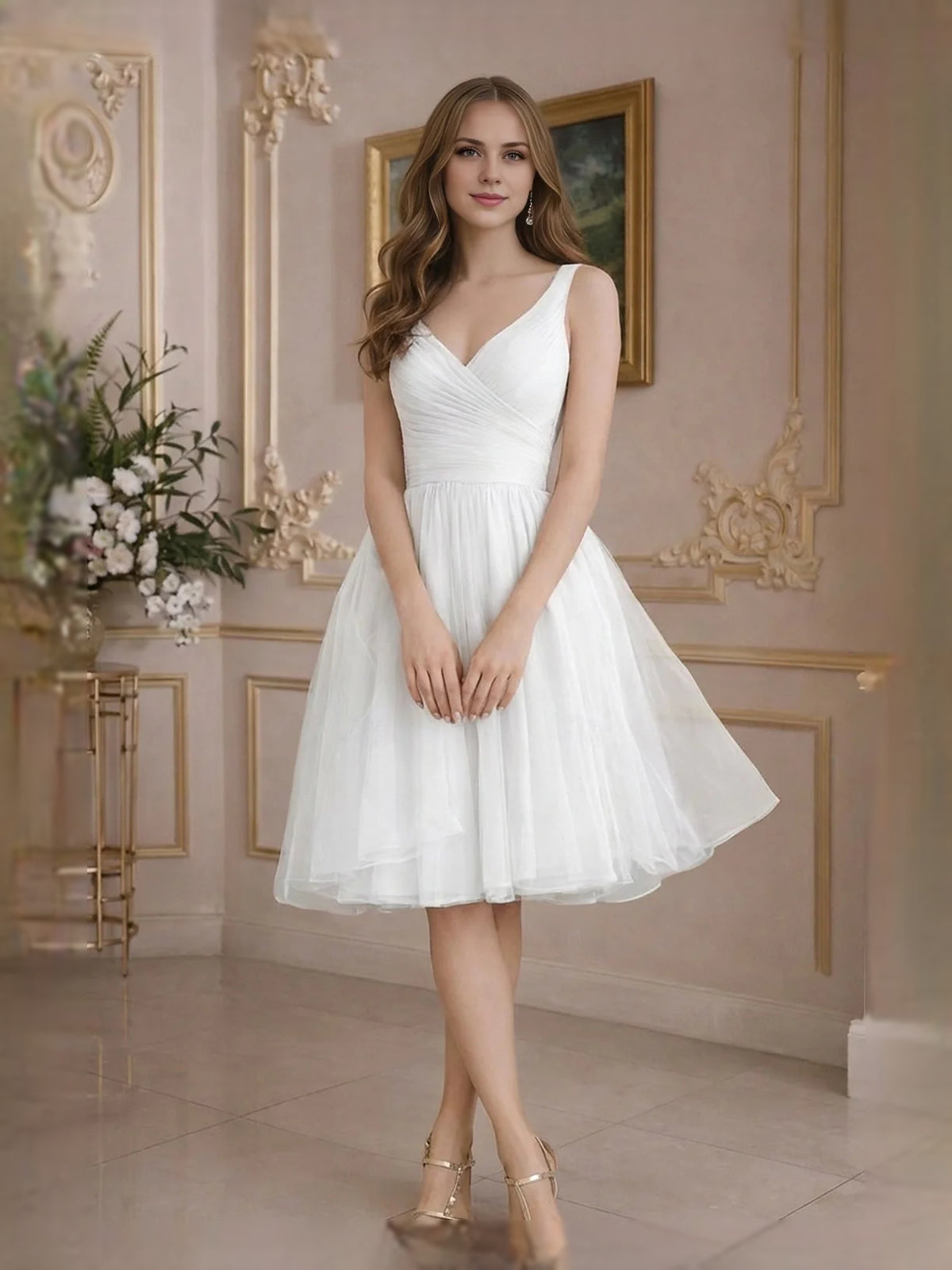 Ruched V Neck A-Line Knee-Length Tulle Prom Dress for Awards Dinner