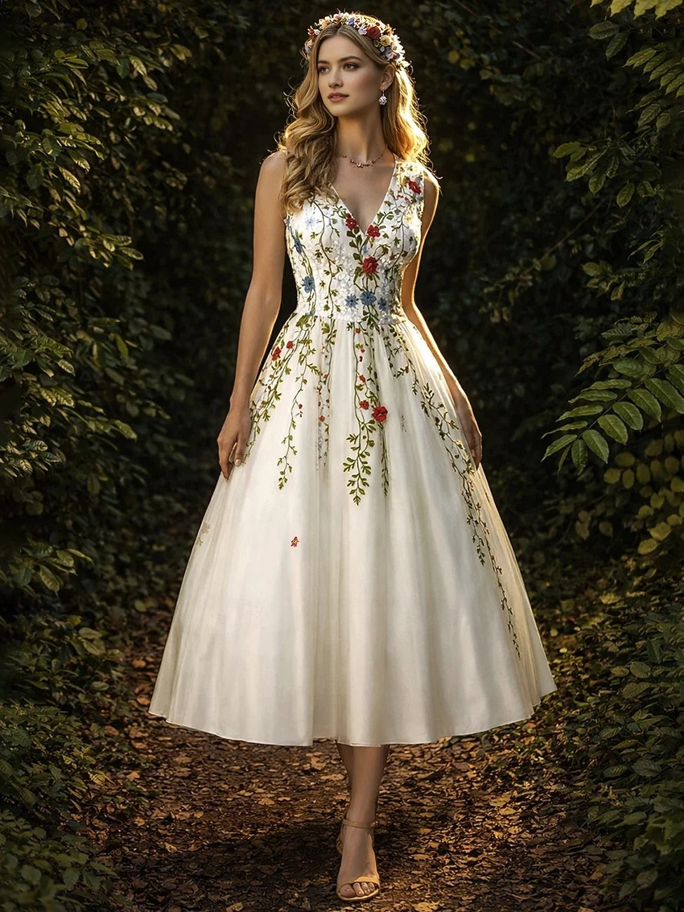 Ivory white Pearl Embroidered Floral V Neck A-Line Floor-Length Satin Prom Dress for Evening Banquet