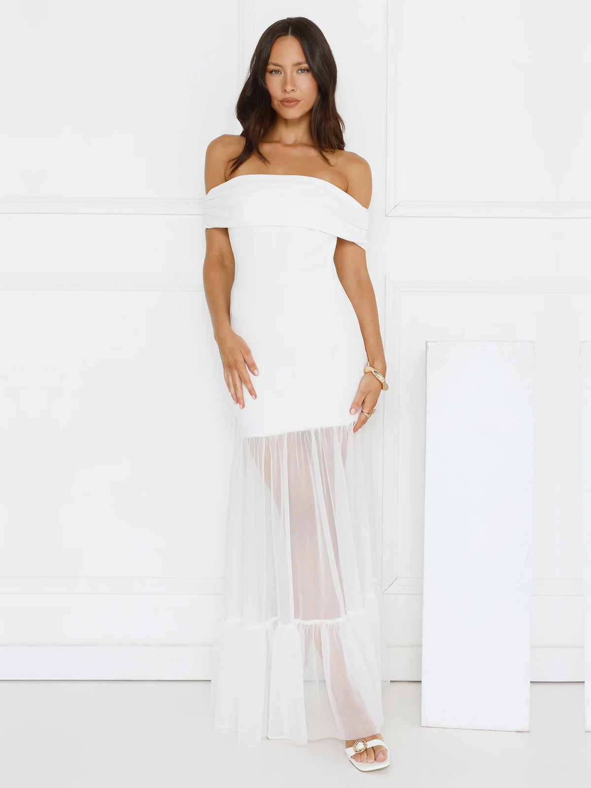 White Off-The-Shoulder Sheath Maxi Formal Dress