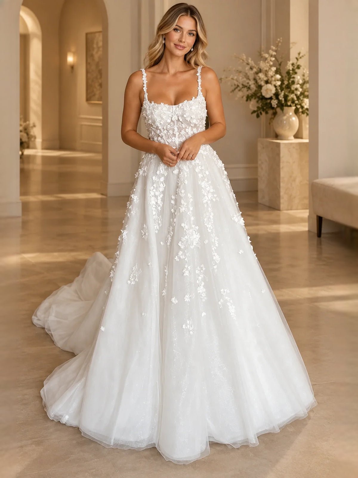 Flower-Applique Floral Scoop Neck A-Line Floor-Length Wedding Dress for Bridal Portraits