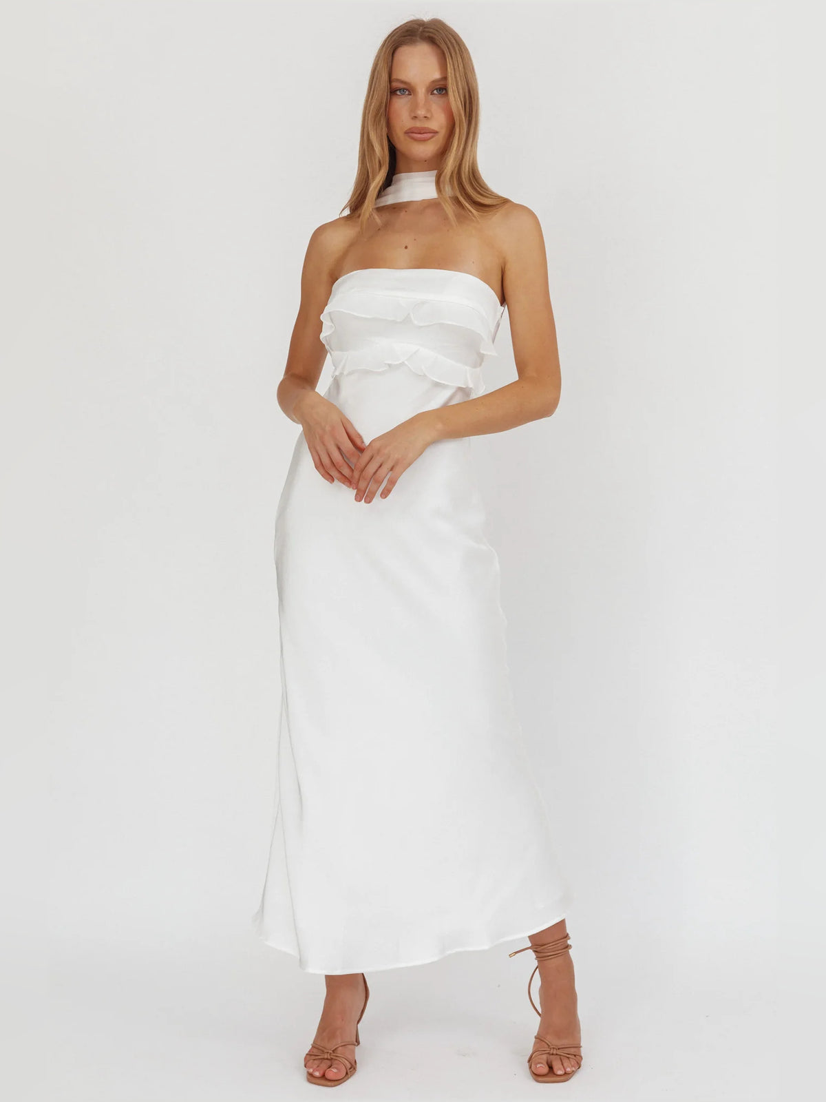 White Halter Neck Ruffles Sheath Midi Formal Dress