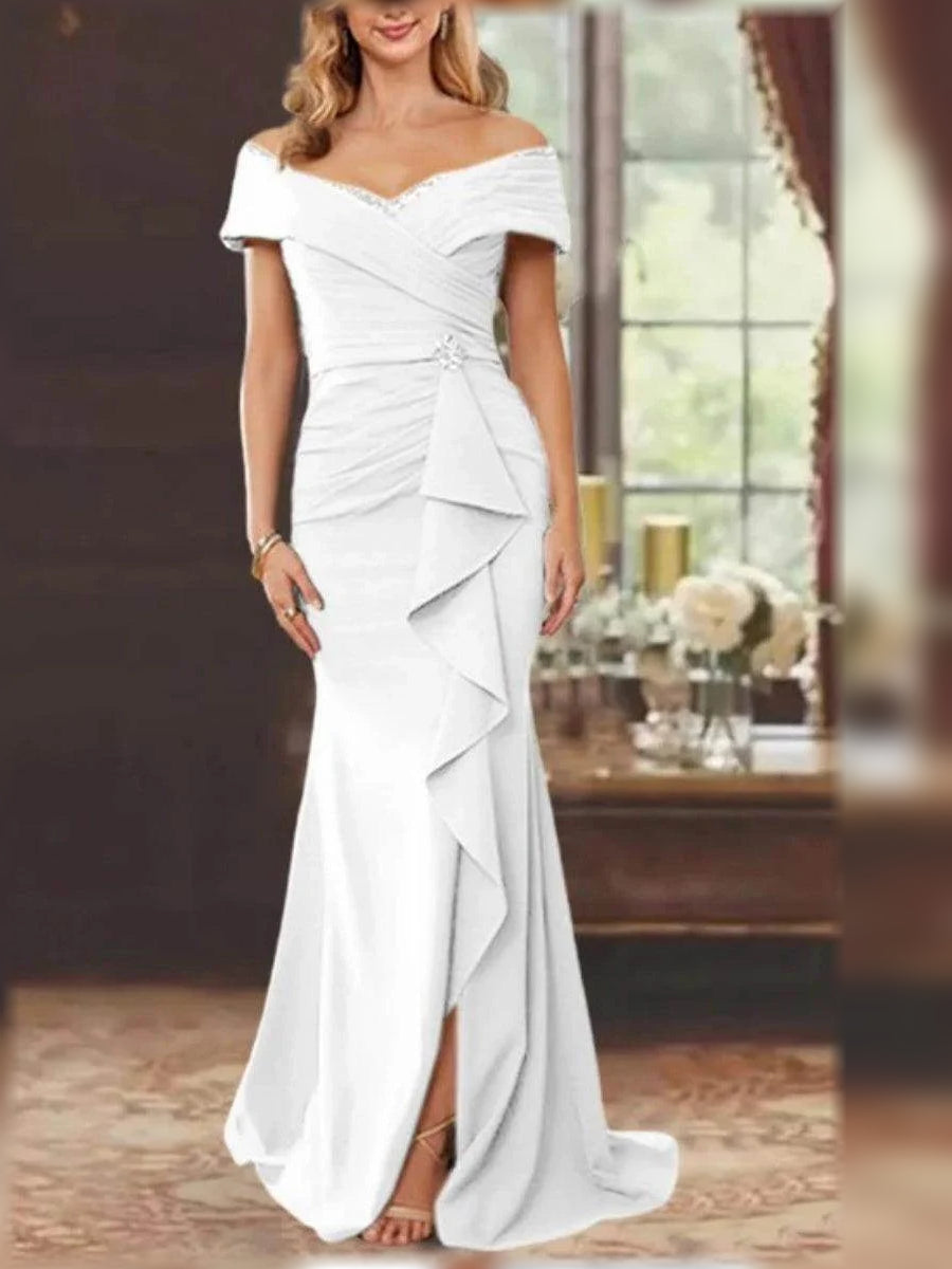 Ruched Draped Ruffled Slit Off Shoulder Mermaid Floor-Length Mother of the Bride Dress for Wedding Weekend