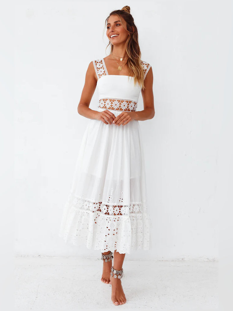White V Neck Tiered A-Line Maxi Formal Dress