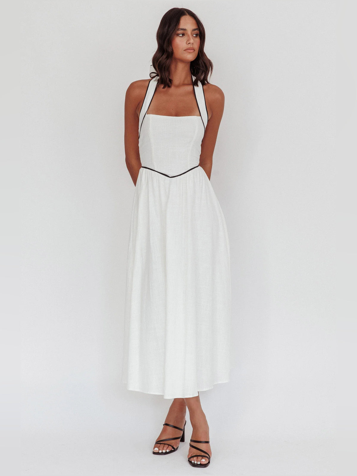 White Halter Neck A-Line Midi Formal Dress