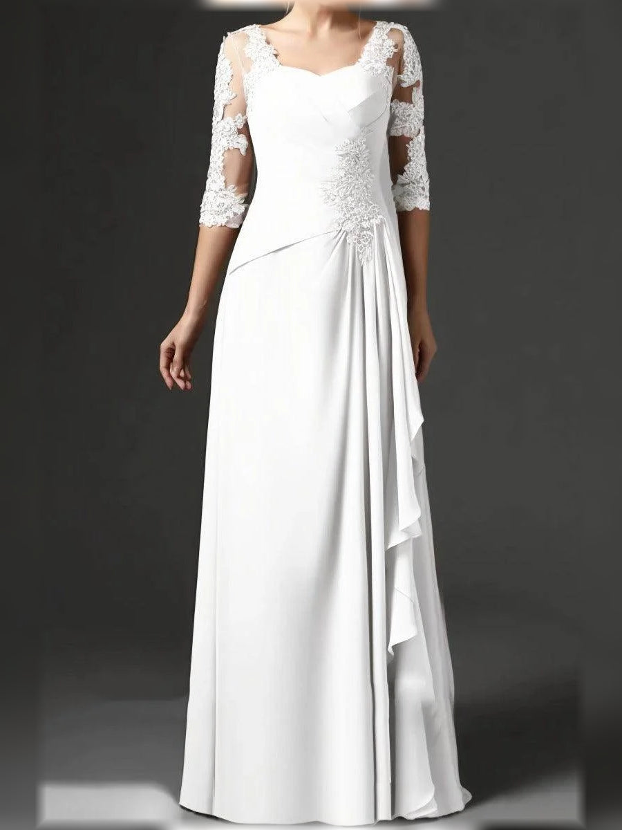 Ruched Draped Floral Ruffled Square Neck A-Line Floor-Length Chiffon Mother of the Bride Dress for Ceremony Dinner