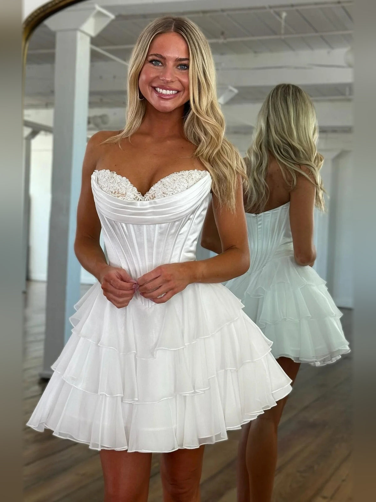 Ruched Corset Floral Ruffled Sweetheart A-Line Mini Stretch Satin Homecoming Dress for Banquet
