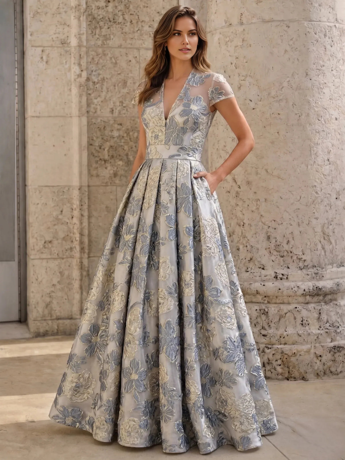 Floral Print V Neck Pleats Floor-Length Formal Dress
