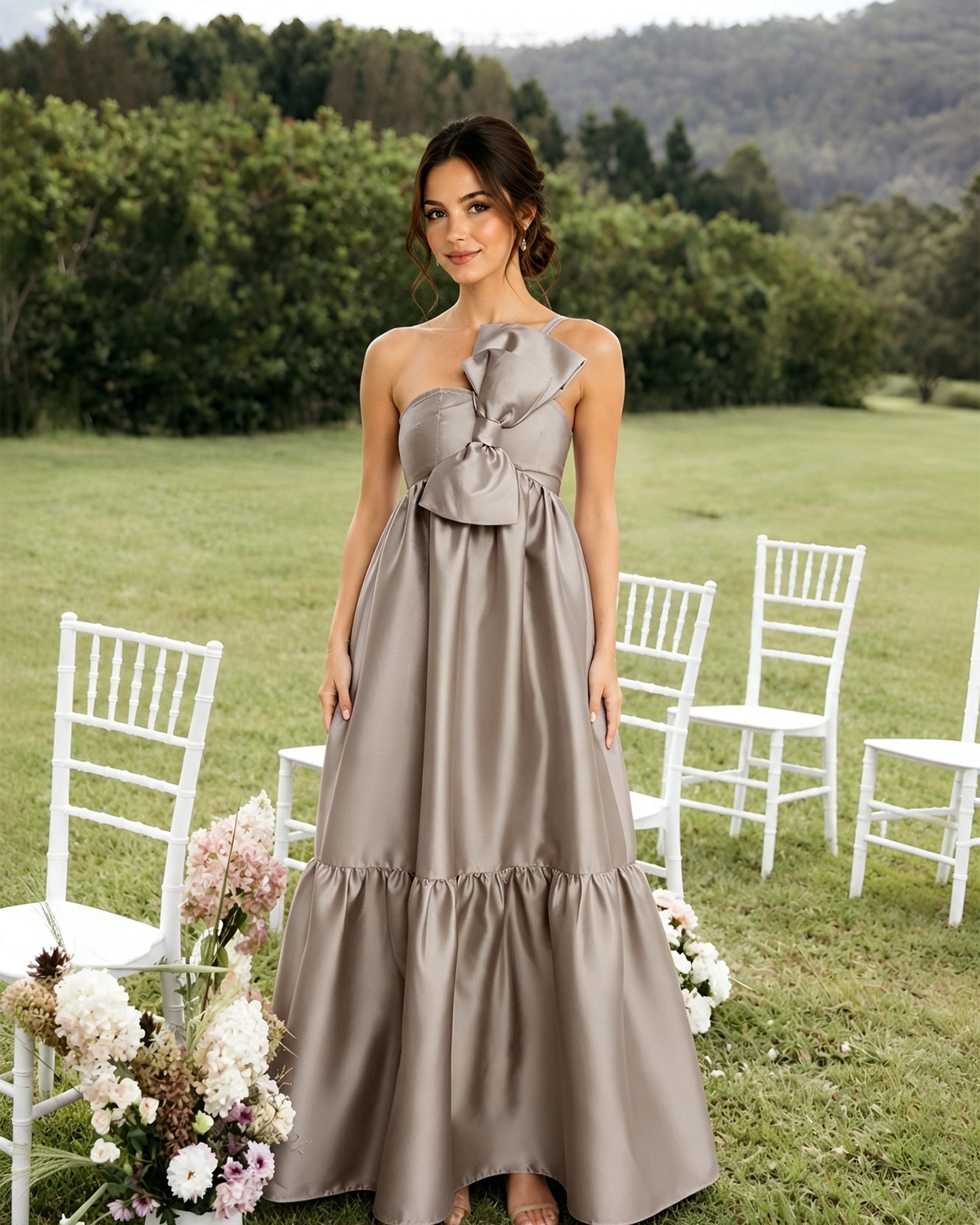 One-Shoulder Satin A-Line Bridesmaid Dress with Statement Ruffle