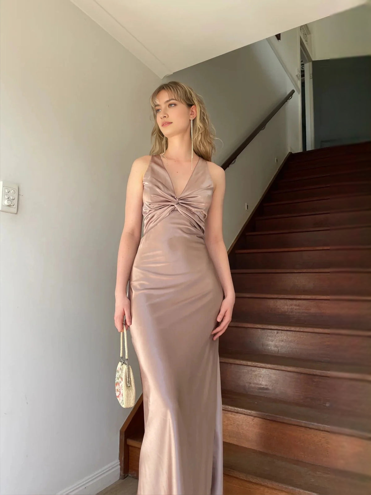 Bow V Neck Sheath Floor-Length Satin Bridesmaid Dress for Garden Wedding