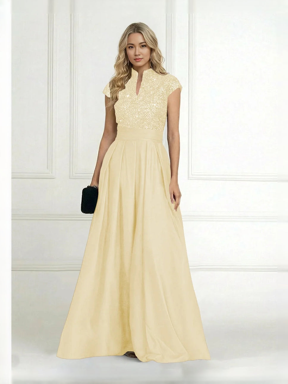 Pleated Sequin High Neck A-Line Floor-Length Satin Mother of the Bride Dress for Ceremony Dinner