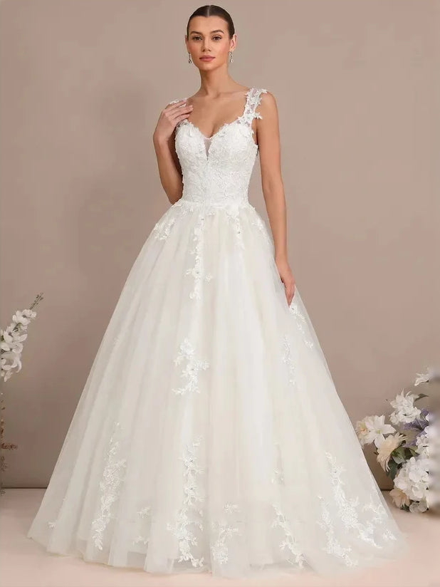Floral V Neck A-Line Mini Tulle Wedding Dress for Garden Wedding