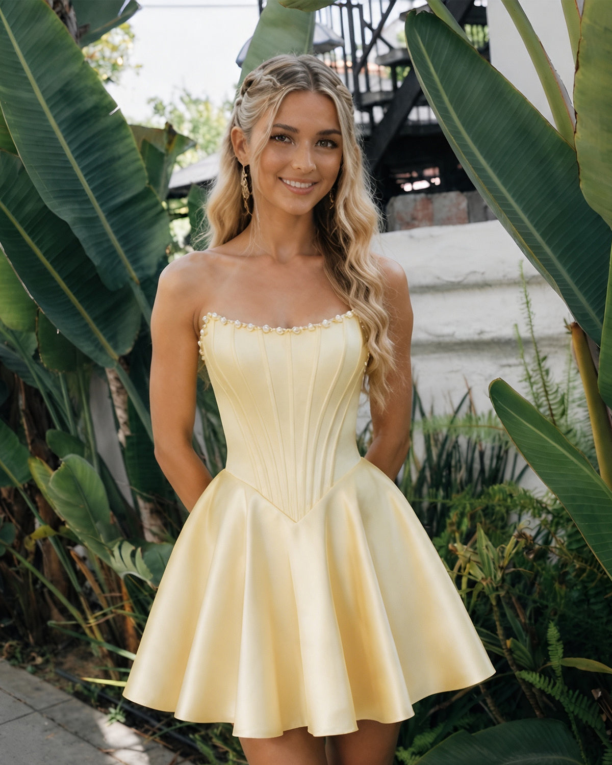 Strapless Pearl Trim Satin Corset Homecoming Dress