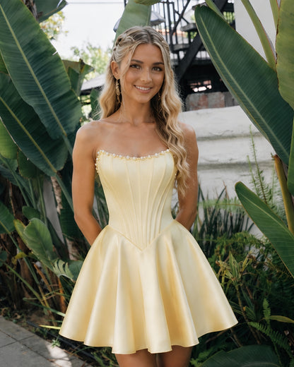 Strapless Pearl Trim Satin Corset Homecoming Dress, product image 19