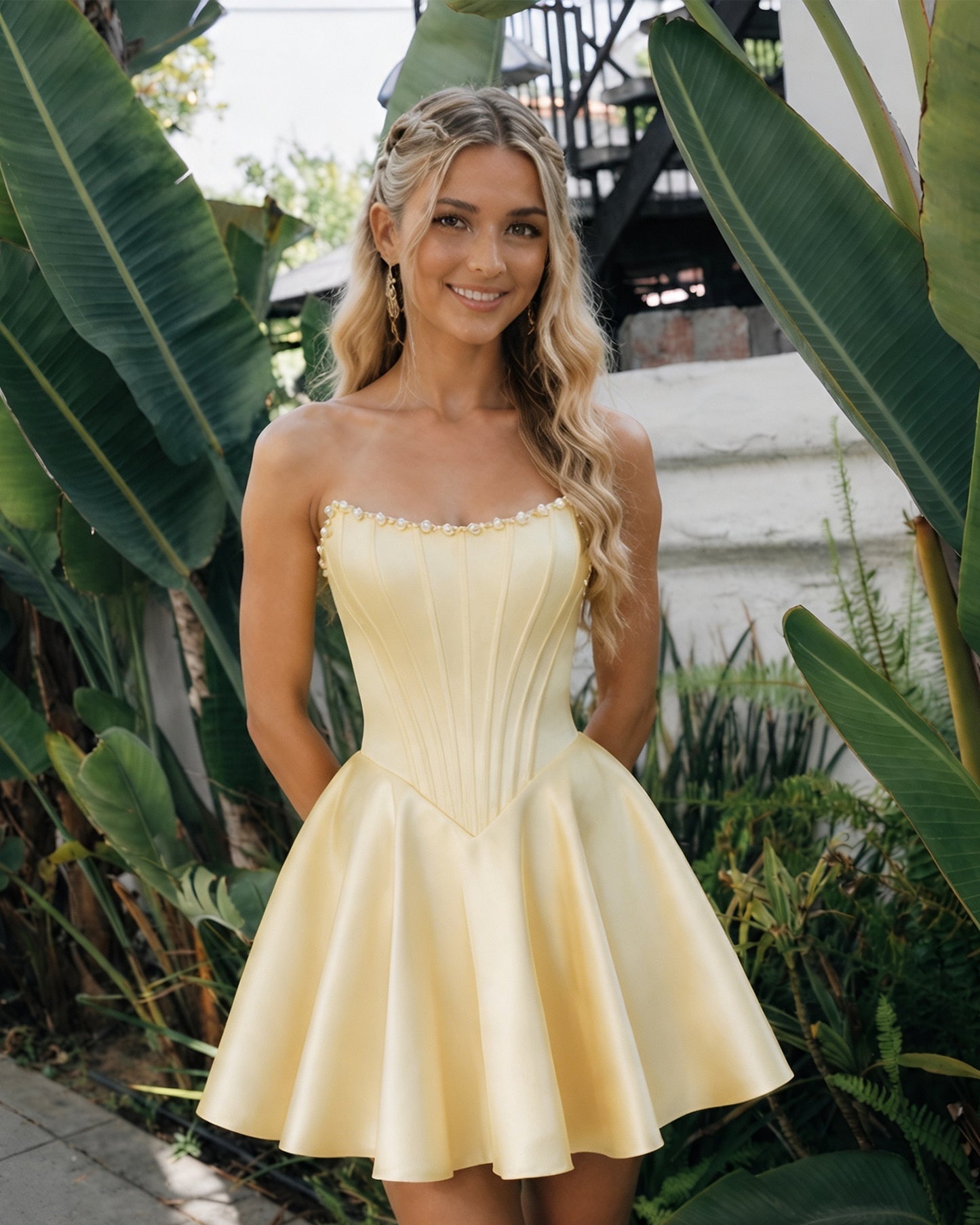 Strapless Pearl Trim Satin Corset Homecoming Dress