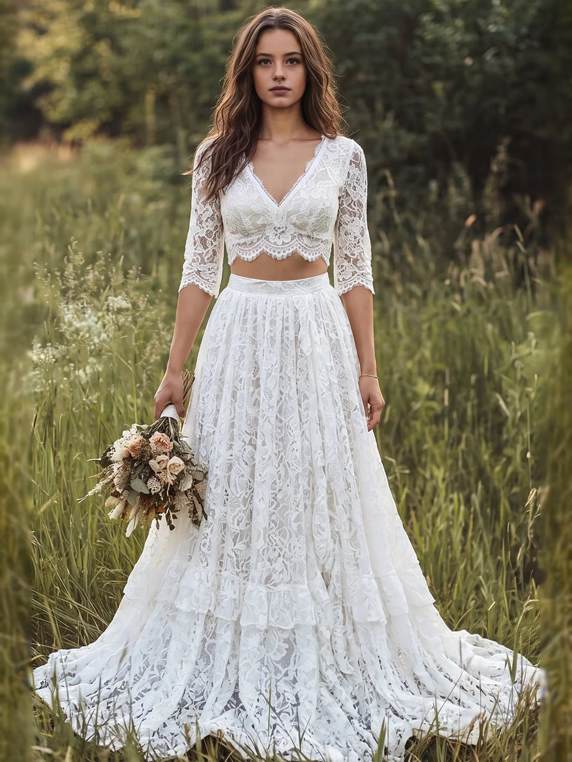 Tiered Layered Floral Ruffled V Neck A-Line Maxi Wedding Dress for Church Wedding