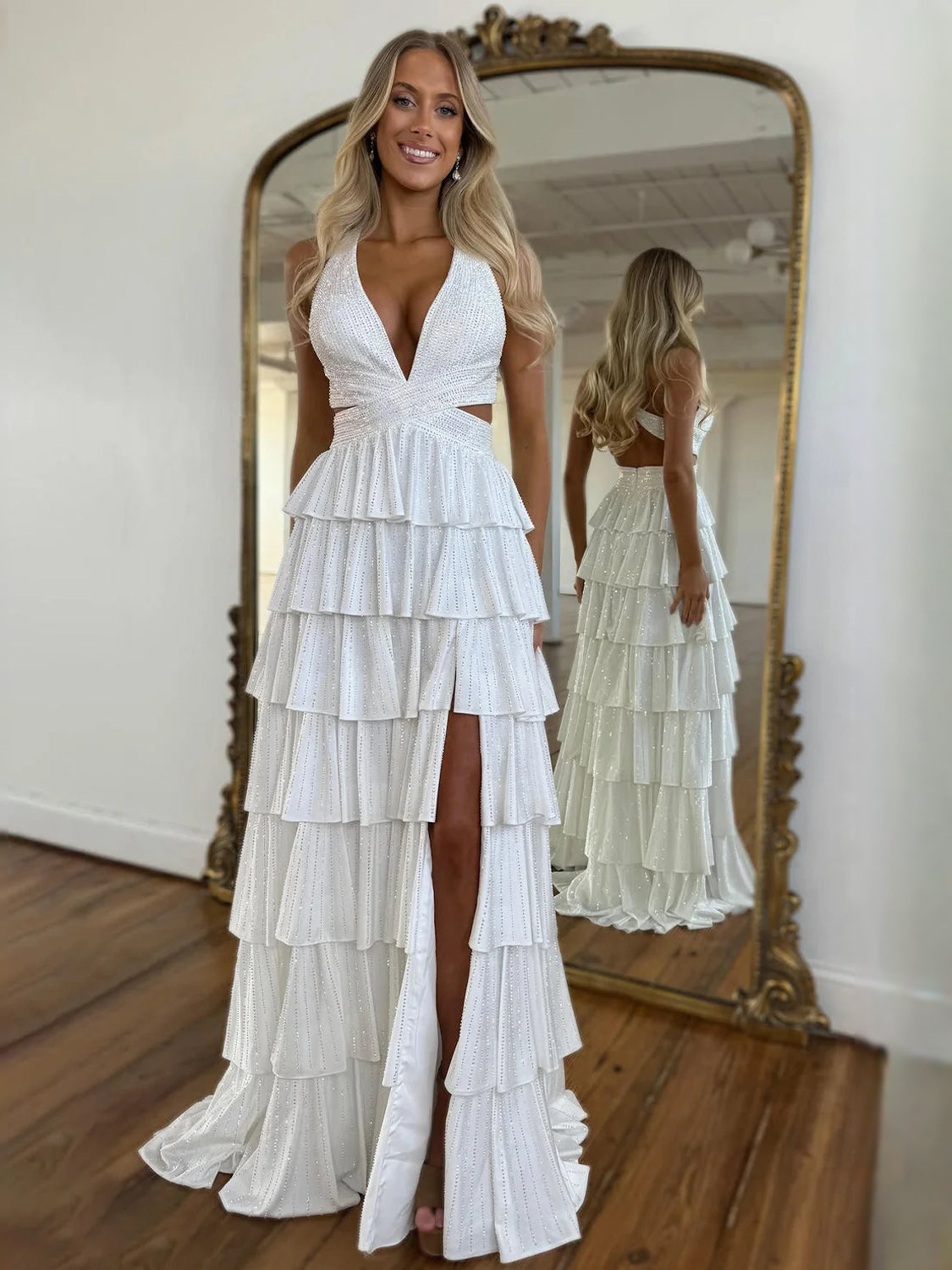 Tiered Beaded Slit V Neck A-Line Floor-Length Prom Dress for Awards Dinner